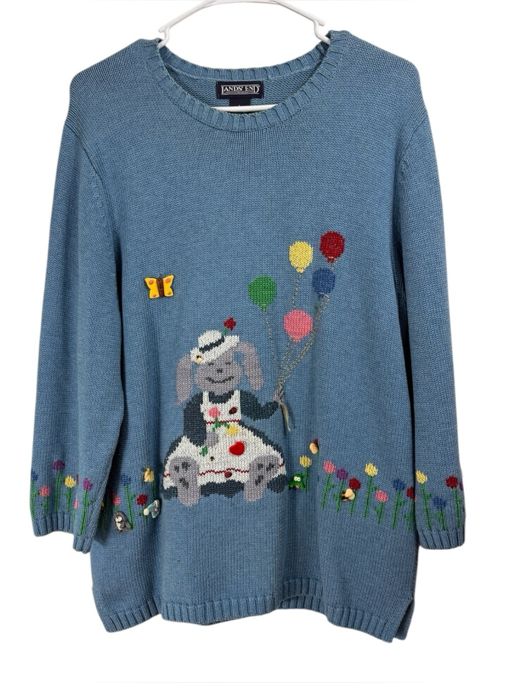 Vintage 90s Lands End Sweater Size Large Hand Embroidered Bunny Rabbit Balloons